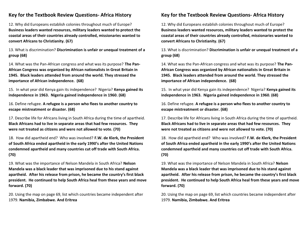 Key for the Textbook Review Questions- Africa History