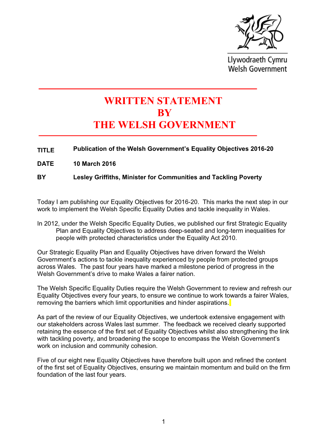 Publication of the Welsh Government S Equality Objectives 2016-20