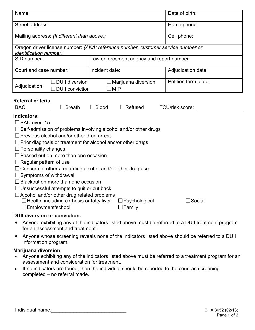 ADES Screening and Referral Report OHA 8052 01/12