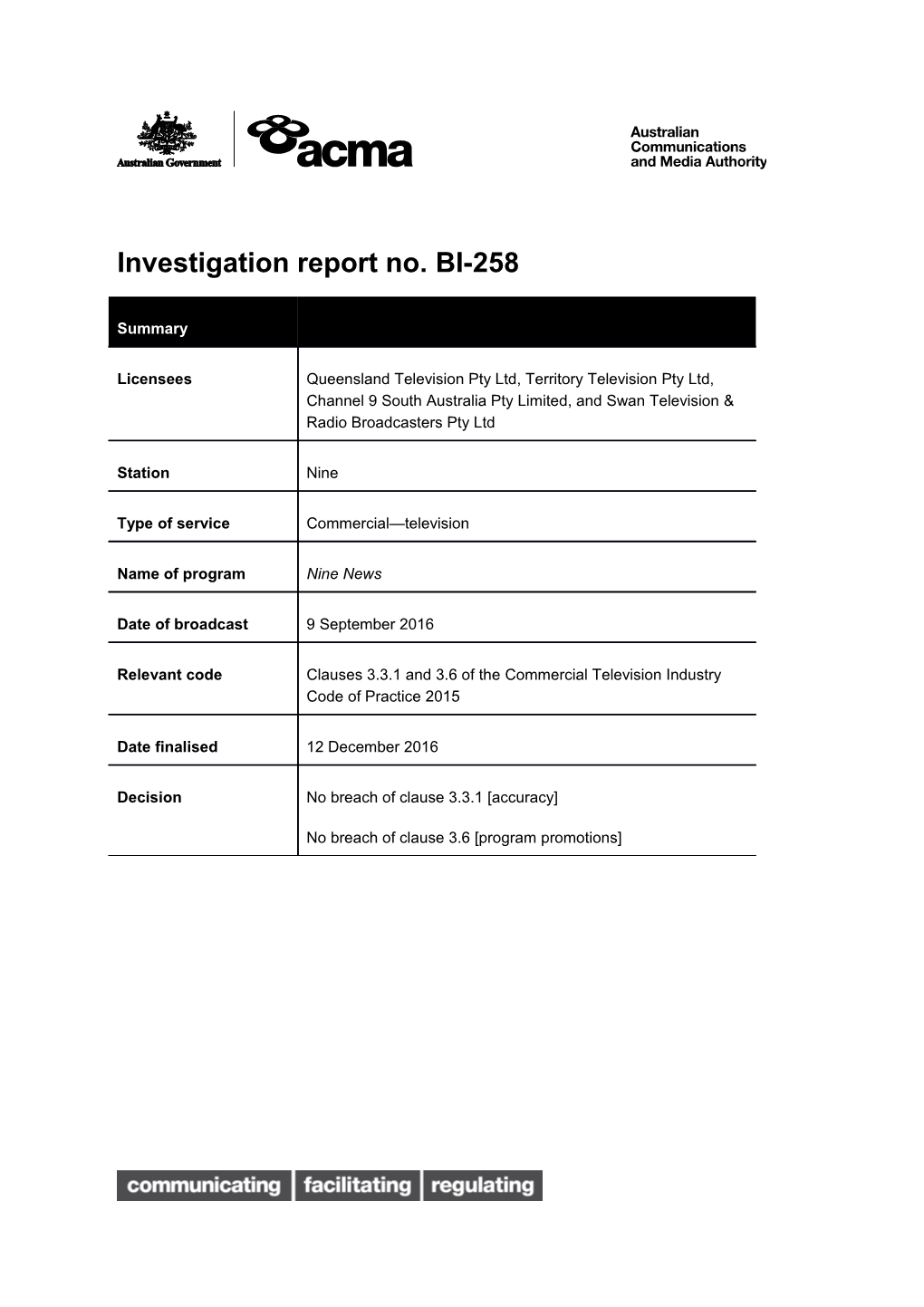 Investigation Report No. BI-258