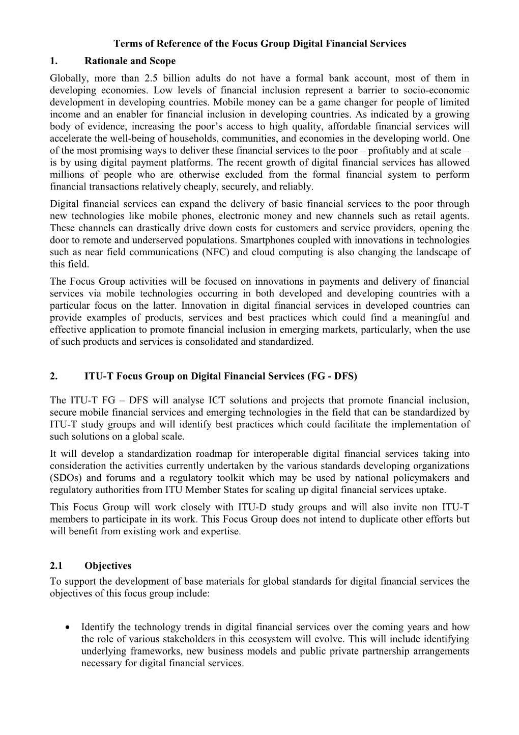 Terms of Reference of the Focus Group Digital Financial Services