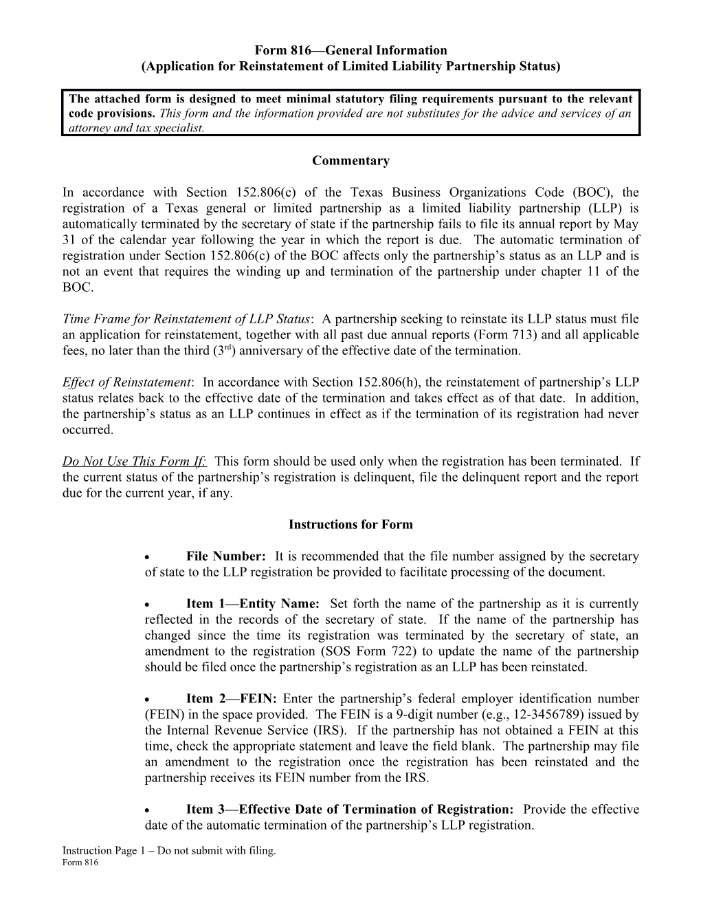 Form 816-Application for Reinstatement of Limited Liability Partnership Status