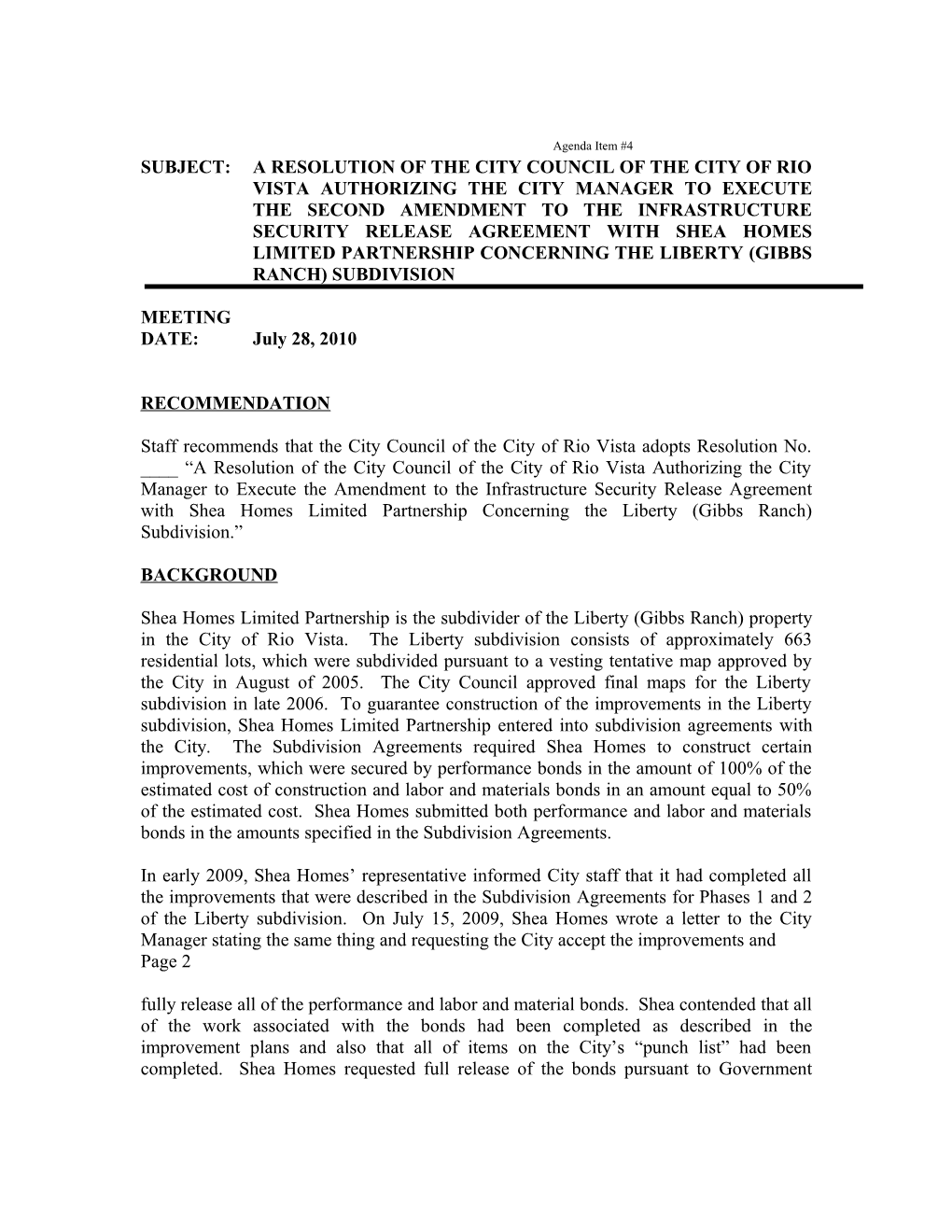 Subject: a Resolution of the City Council of the City of Rio Vista Authorizing the City