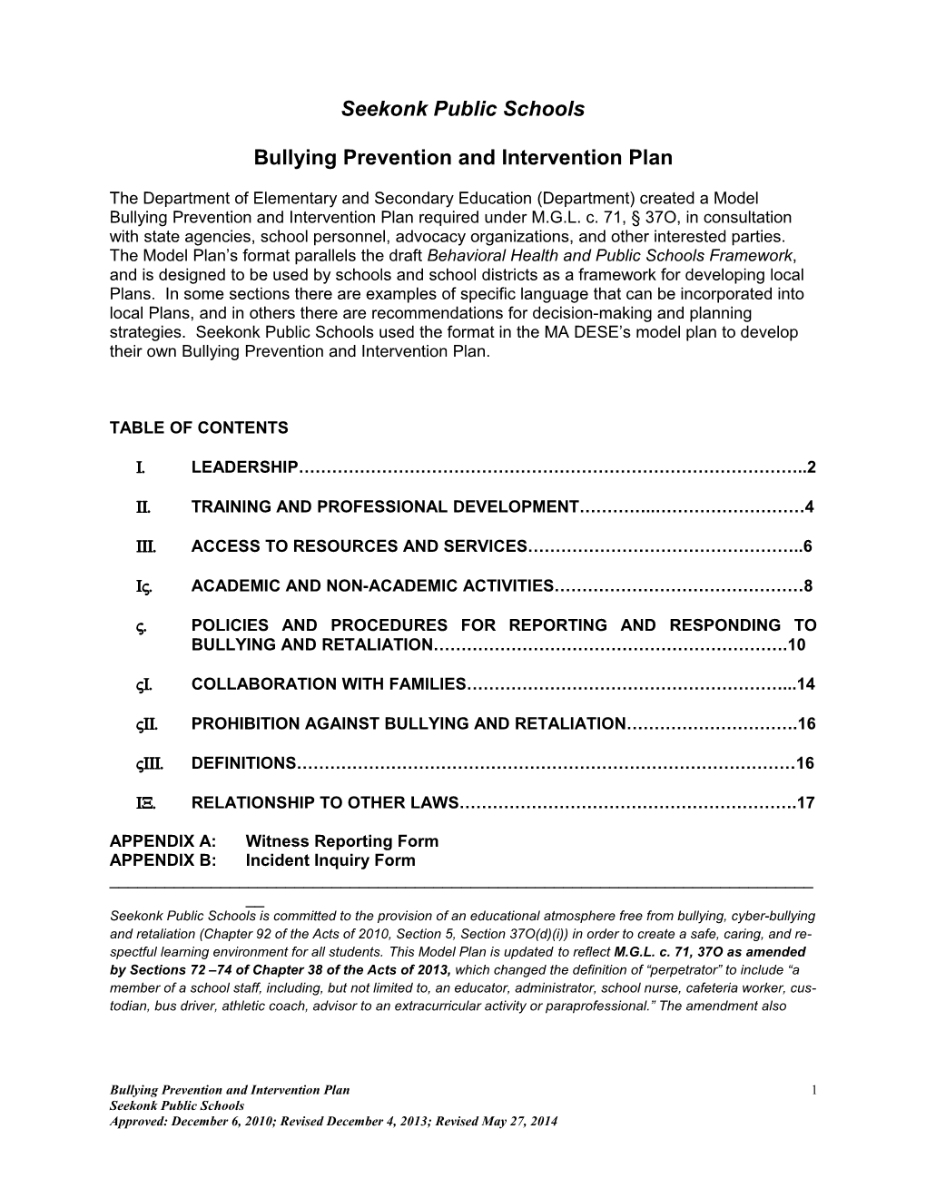 Model Bullying Prevention and Intervention Plan