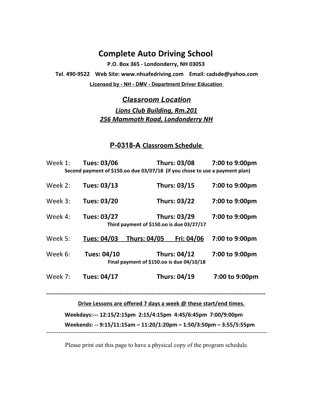 Complete Auto Driving School - 0318-A Program