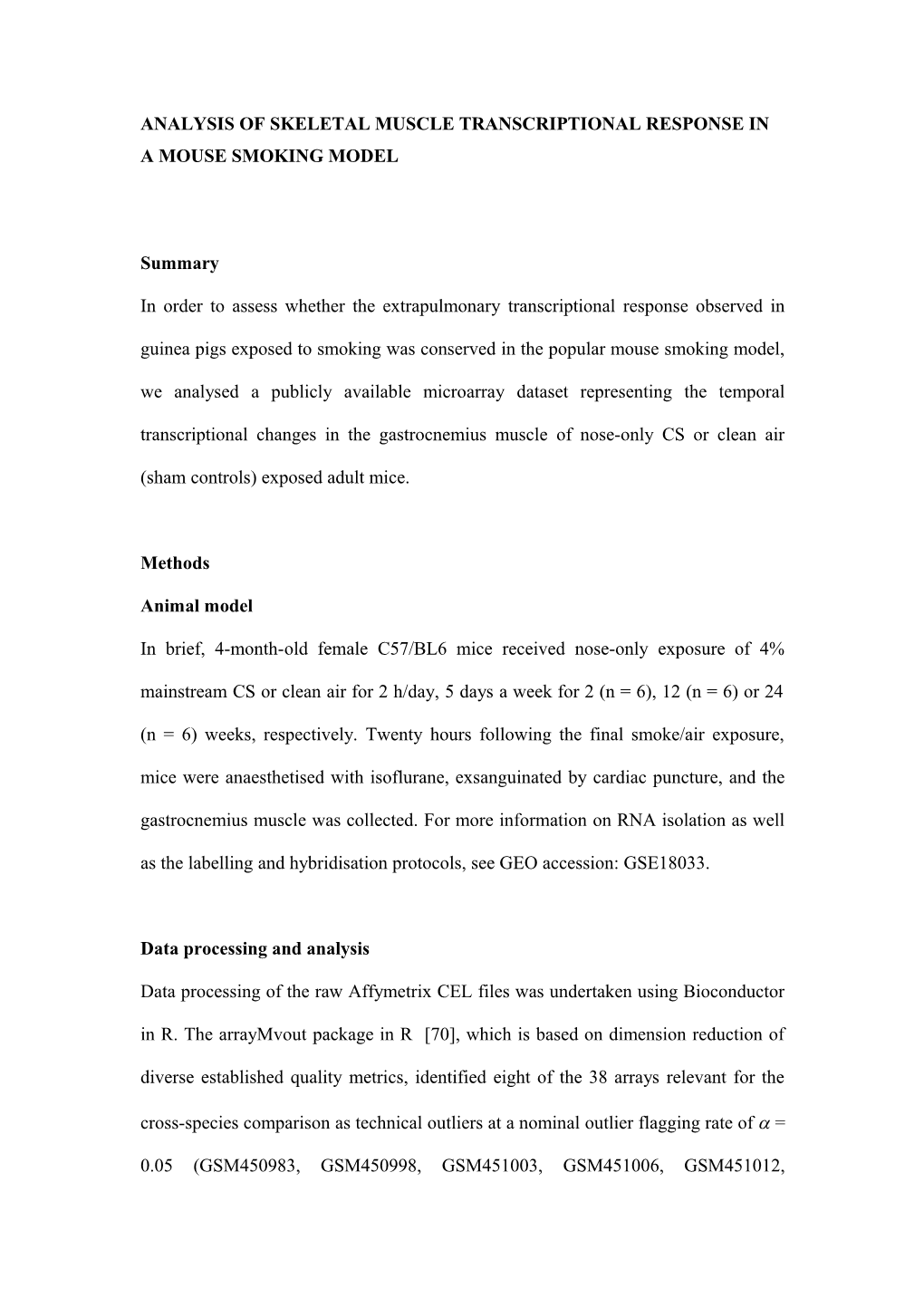 Analysis of Skeletal Muscle Transcriptional Response in a Mouse Smoking Model