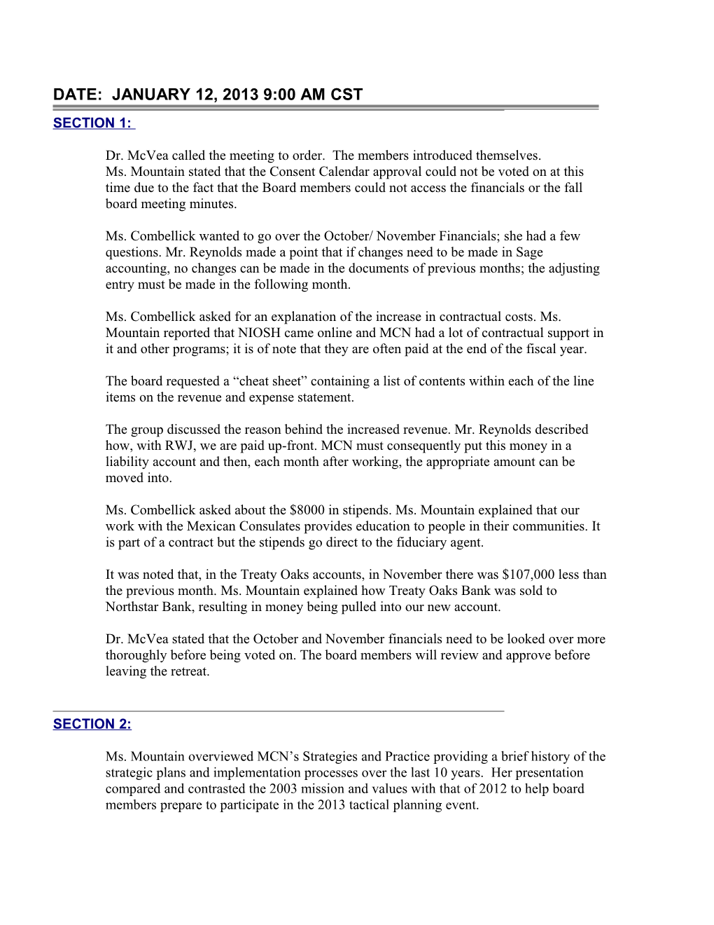 January 11, 2013 Board Meeting Minutes