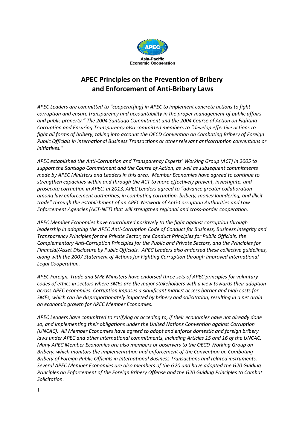 APEC Principles on the Prevention of Bribery