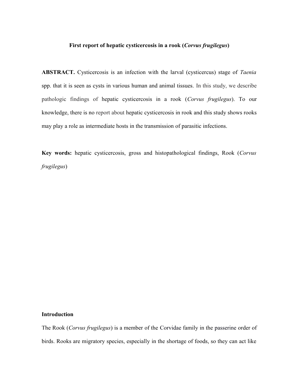 First Report of Hepatic Cysticercosis in a Rook (Corvusfrugilegus)