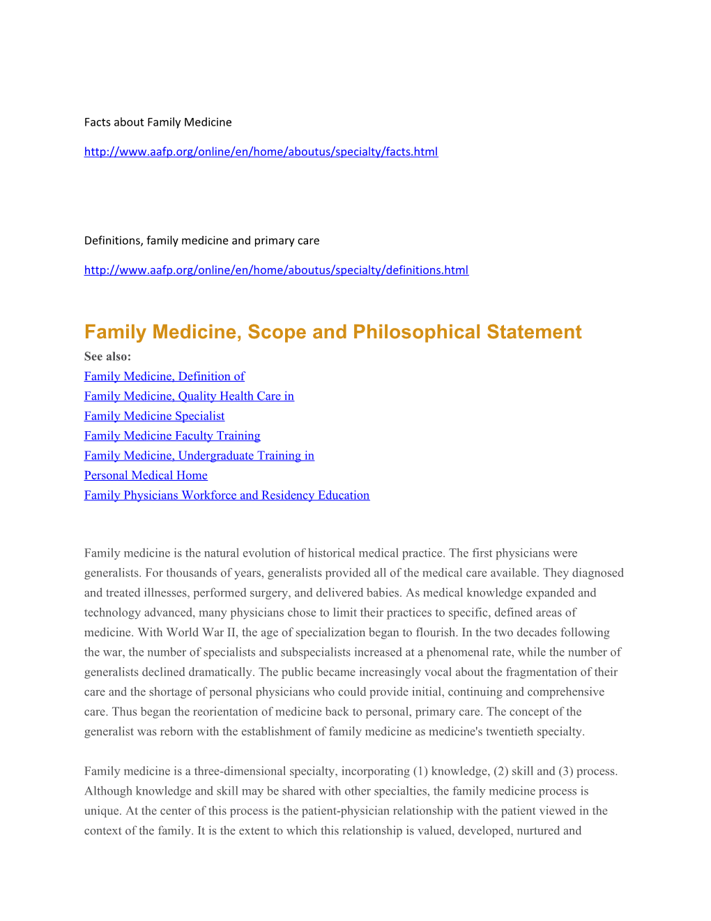 Family Medicine, Scope and Philosophical Statement