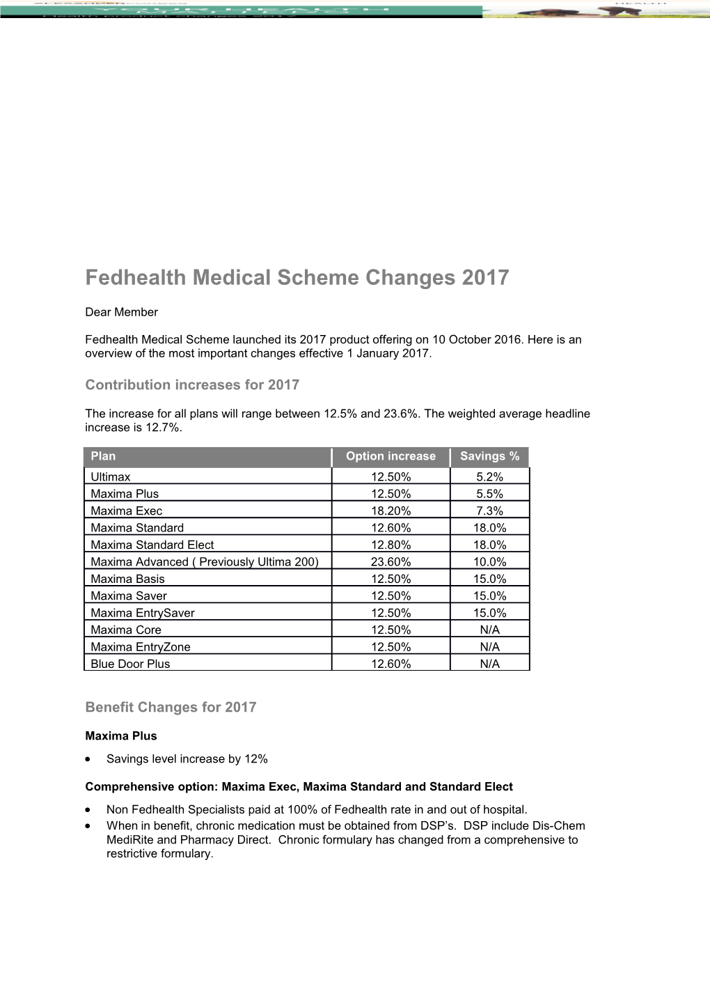 Fedhealth Medical Scheme Changes 2017