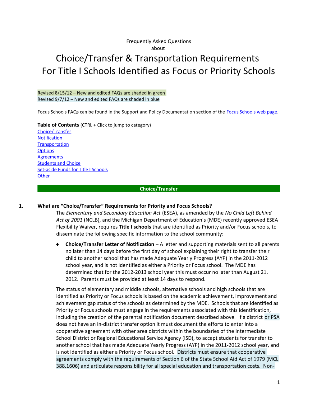 Choice/Transfer & Transportation Requirements