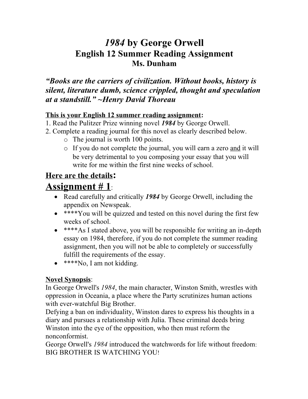 English 12 Summer Reading Assignment