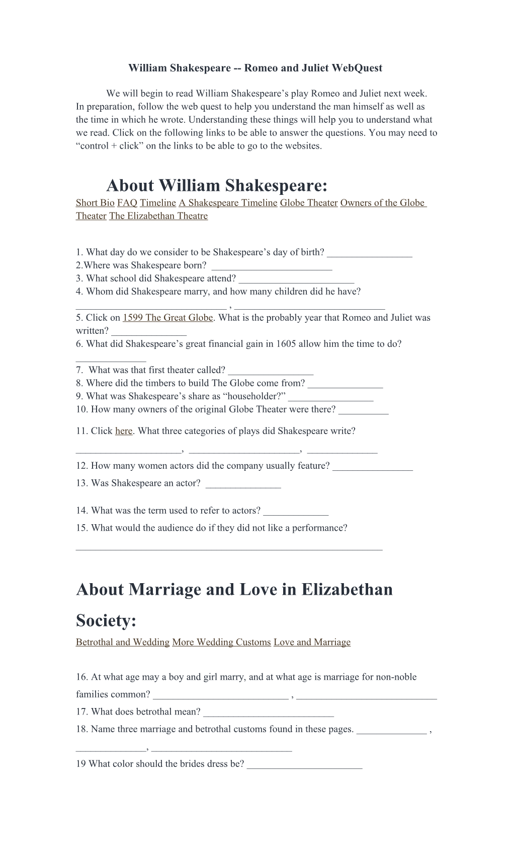 William Shakespeare Romeo and Juliet Webquest