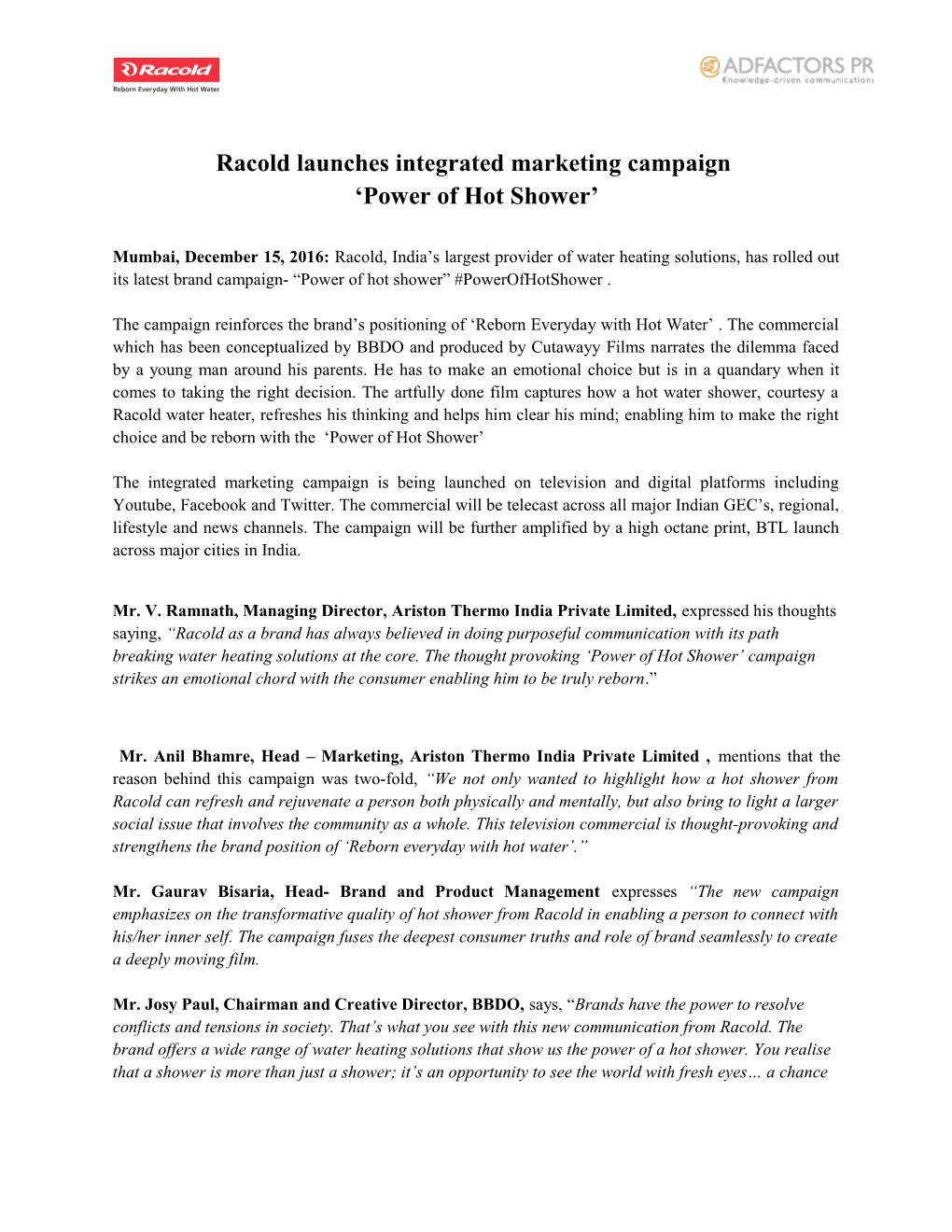 Racold Launches Integrated Marketing Campaign