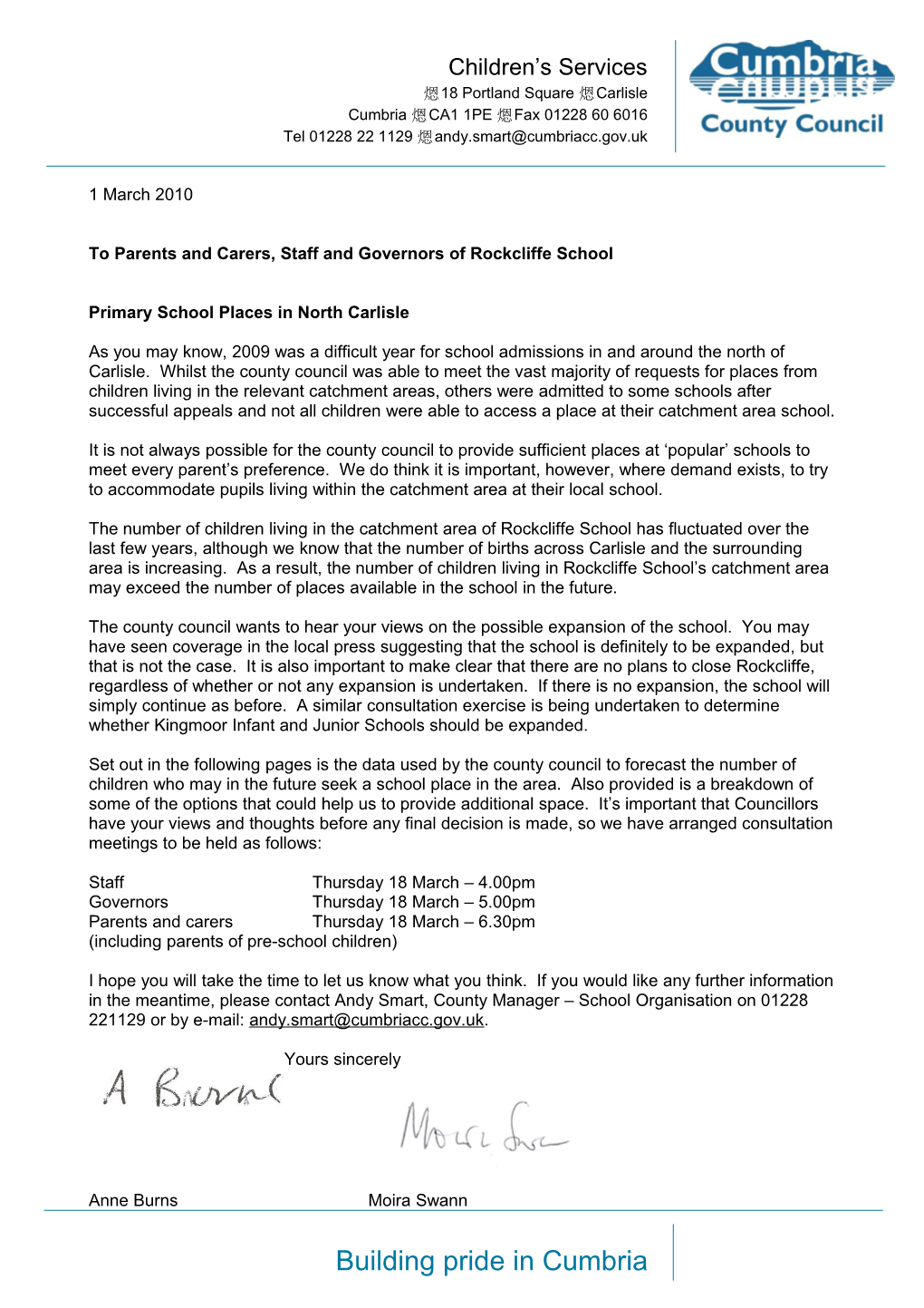 To Parents and Carers, Staff and Governors of Rockcliffe School