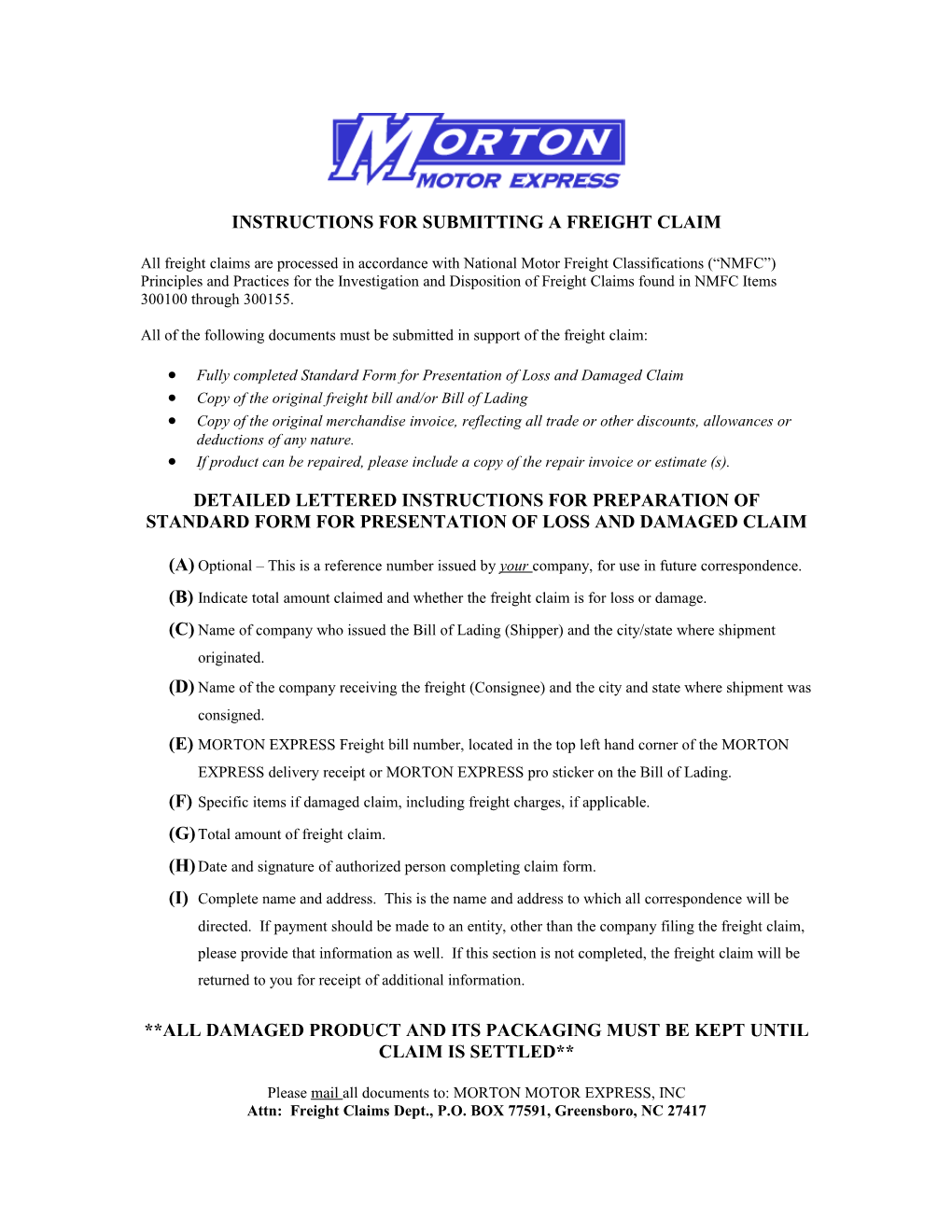 Instructions for Submitting a Freight Claim