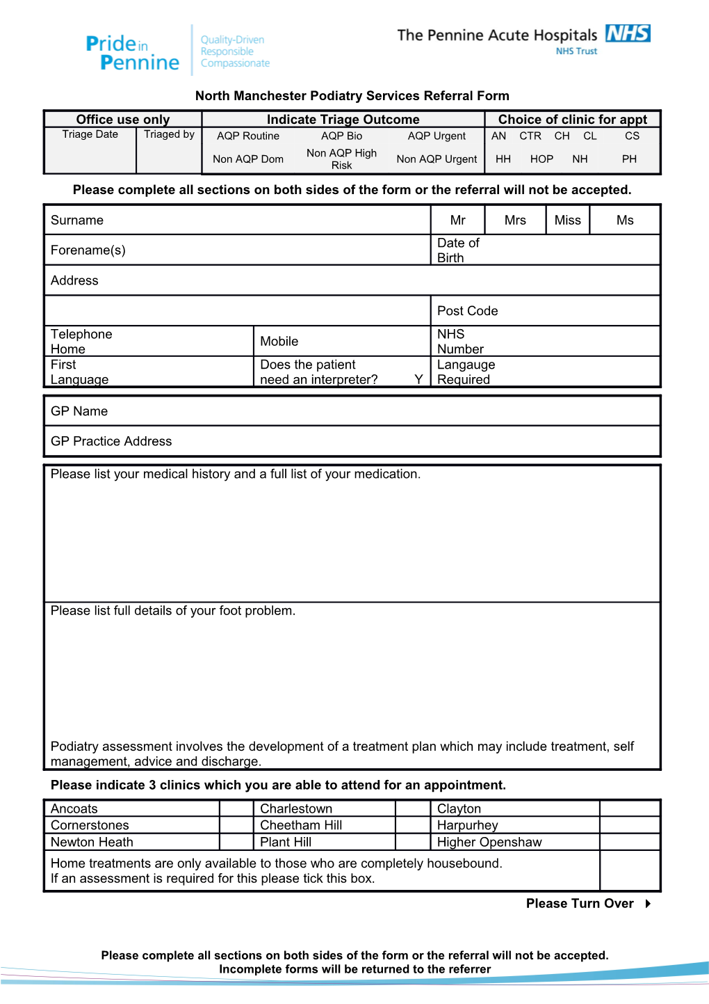 North Manchester Podiatry Services Referral Form