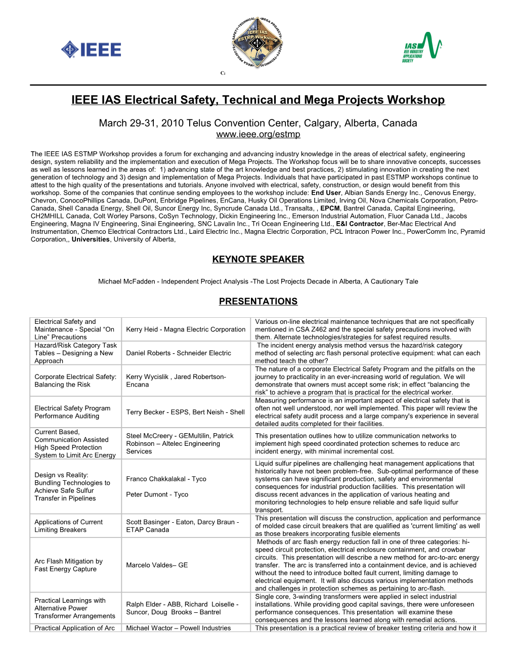 IEEE IAS Electrical Safety, Technical and Mega Projects Workshop