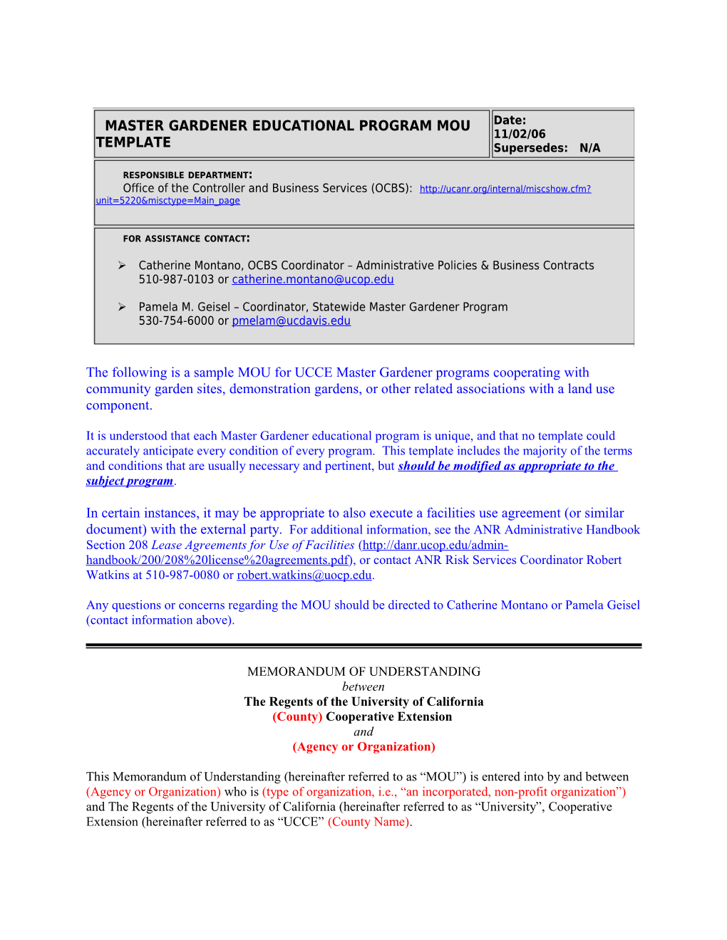 Sample MOU for Master Gardener Programs Cooperating with Community Garden Sites, Demonstration