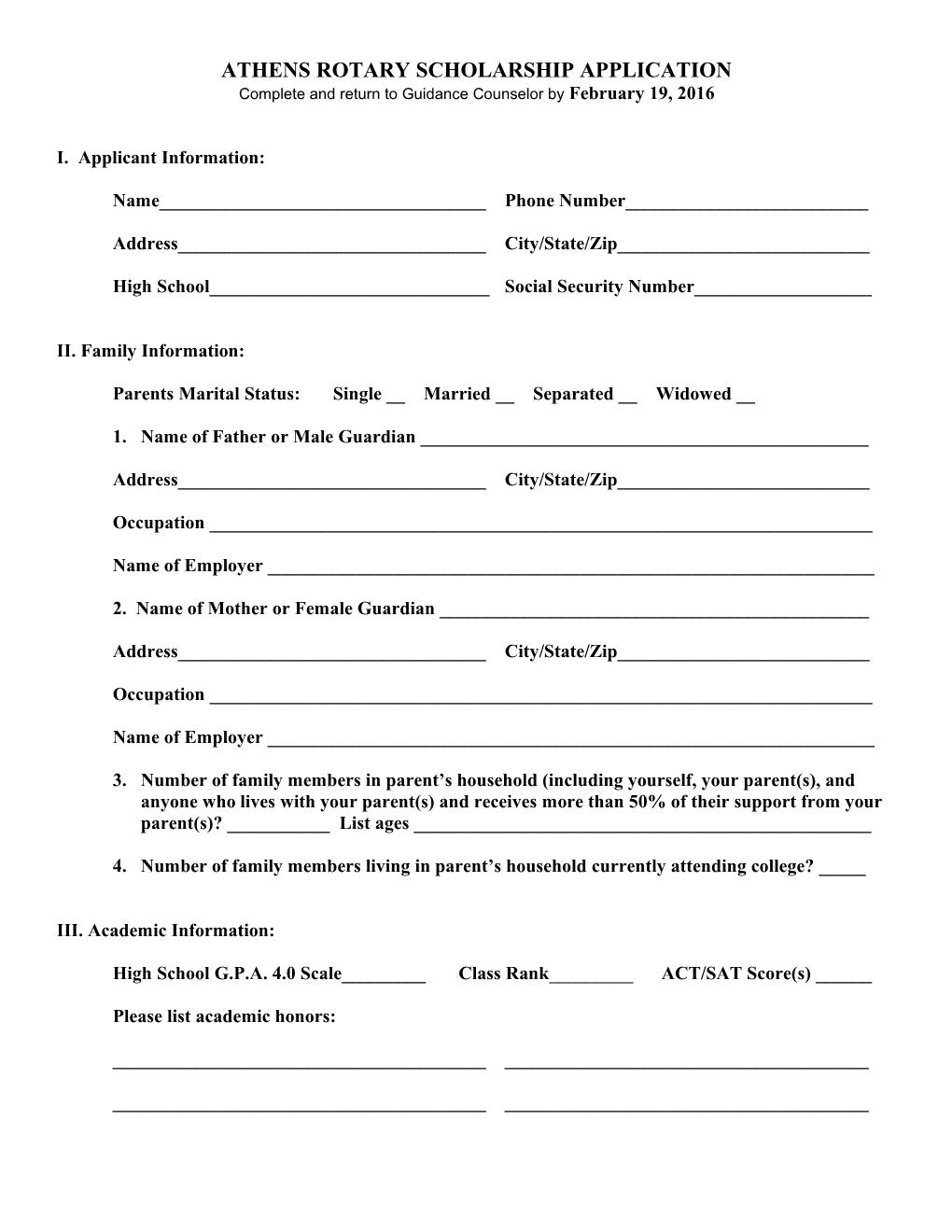 Athens Rotary Lawrence Worstell Scholarship Application
