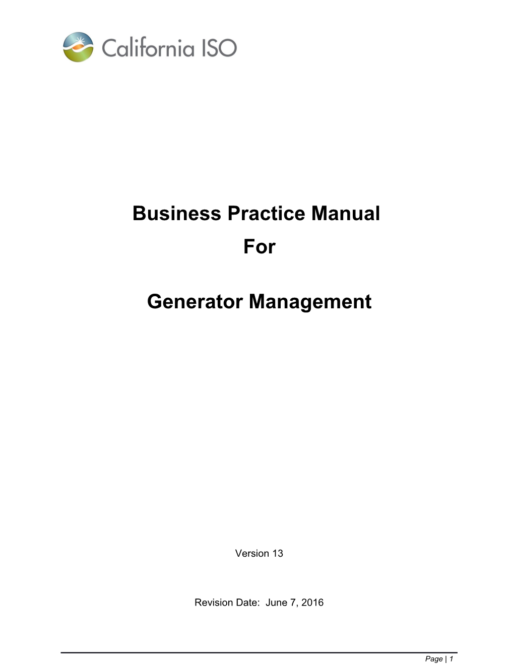 CAISO Business Practice Manual BPM for Generator Management