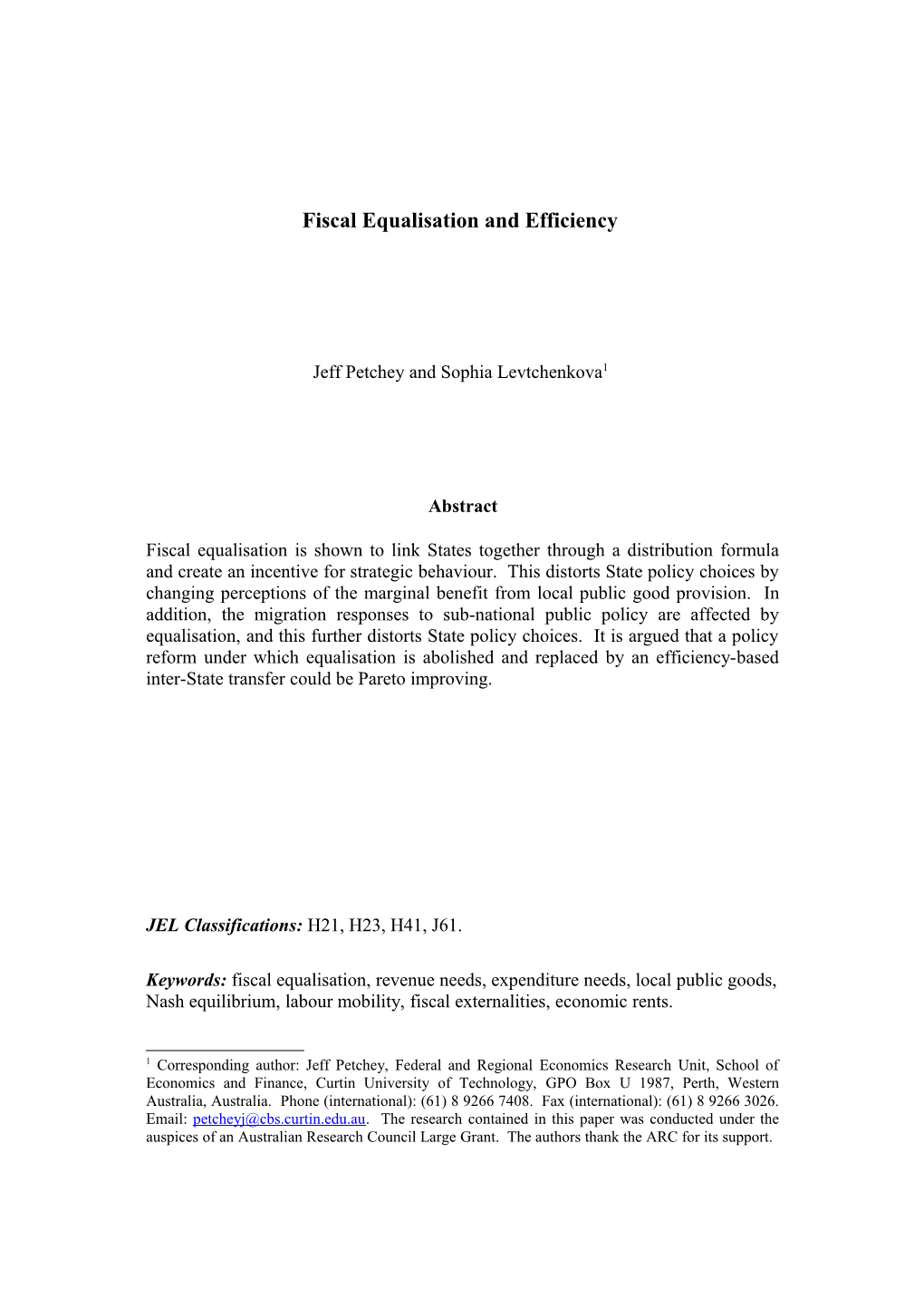Fiscal Equalisation and Efficiency