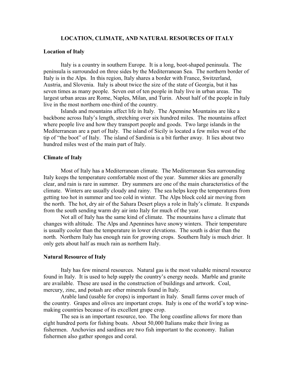 Location, Climate, and Natural Resources of Italy