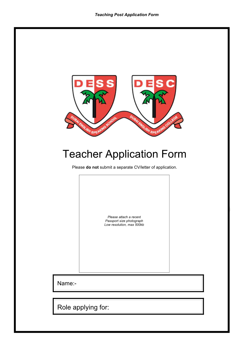 Dess Teacher Application Form 2003