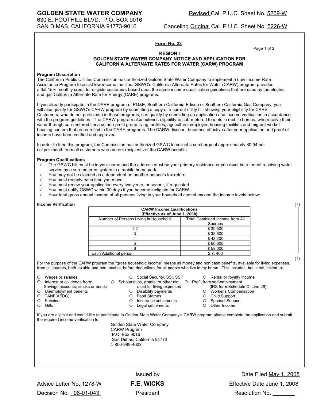 Golden State Water Company Notice and Application For