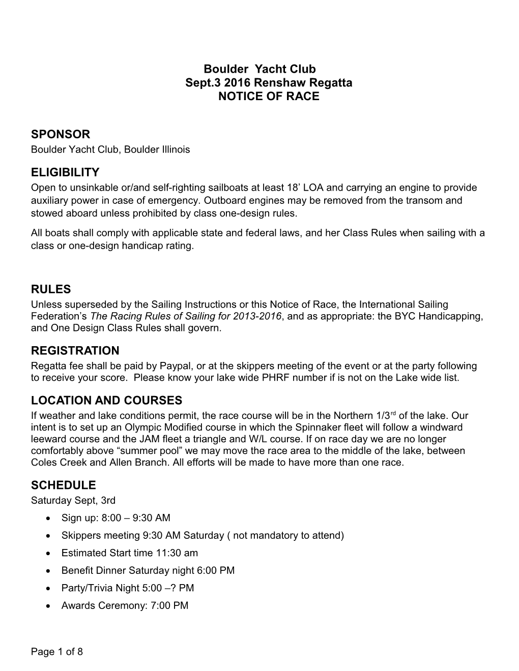 Boulder Yacht Club 2016Renshaw Regatta Notice of Race