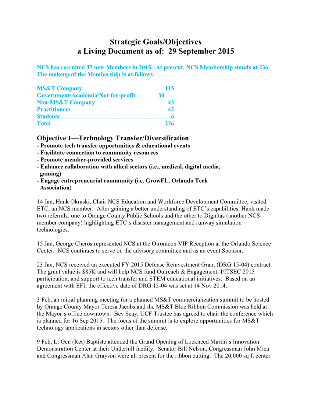 Strategic Goals/Objectives a Living Document As Of: 29 September 2015