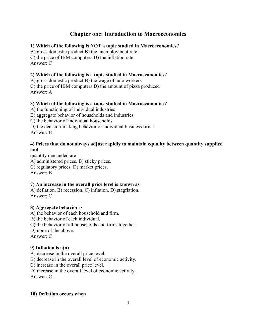 Chapter One: Introduction to Macroeconomics