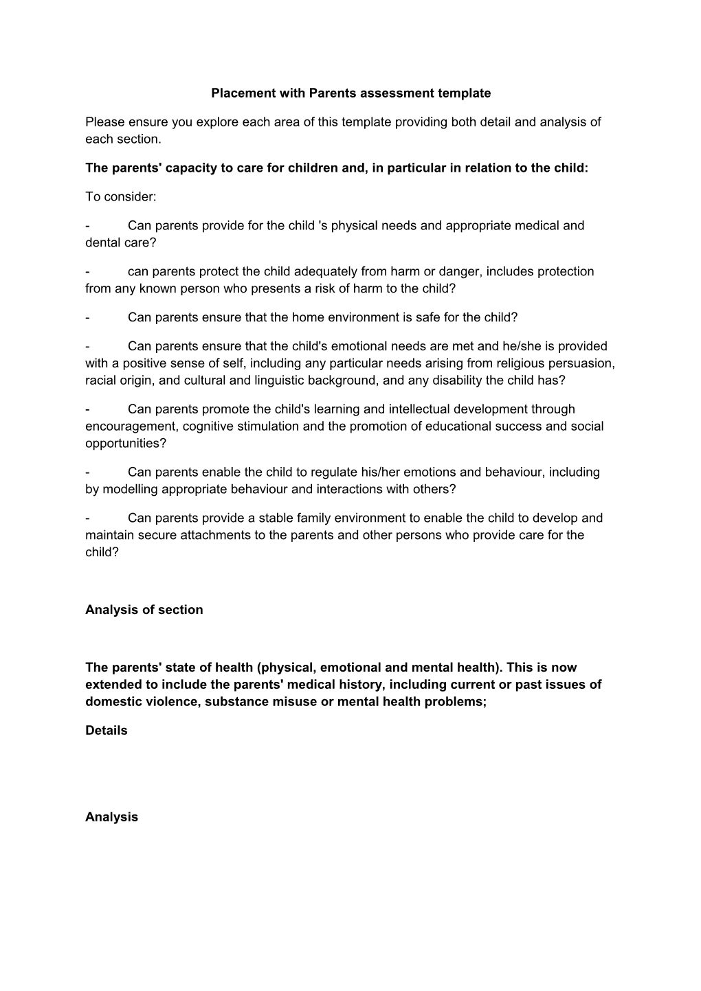 Placement with Parents Assessment Template