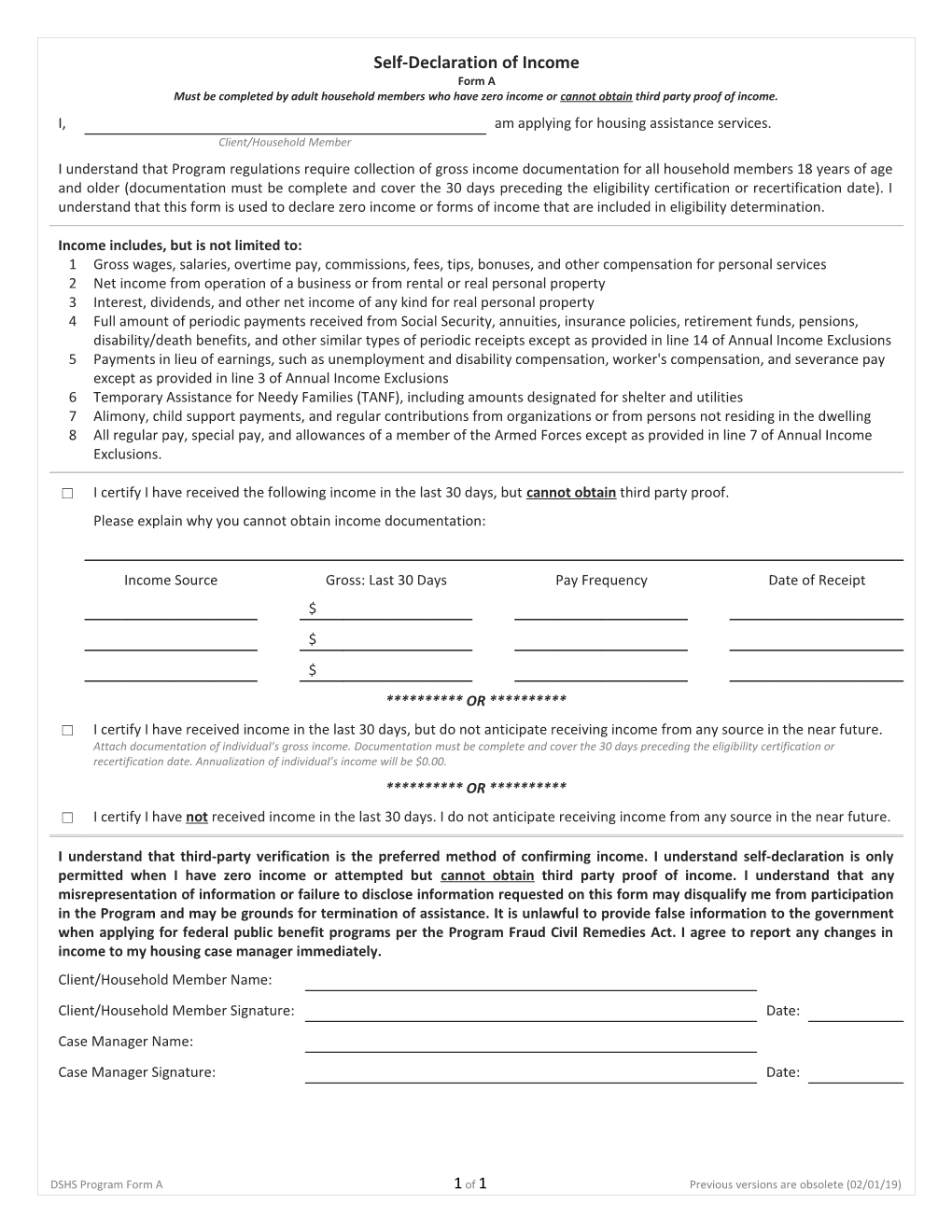 DSHS Program Form A1 of 1Previous Versions Are Obsolete (02/01/19)