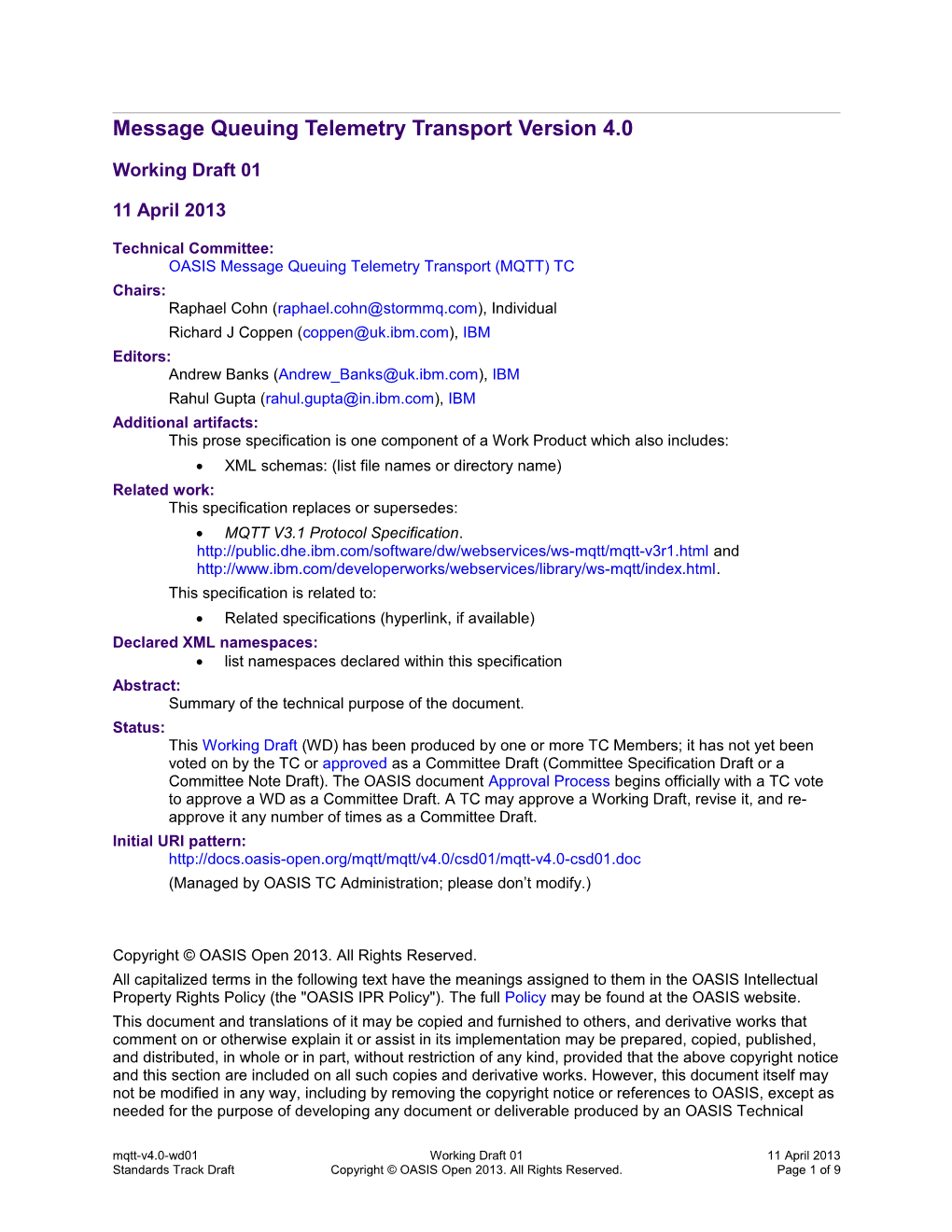 Message Queuing Telemetry Transport Version 4.0