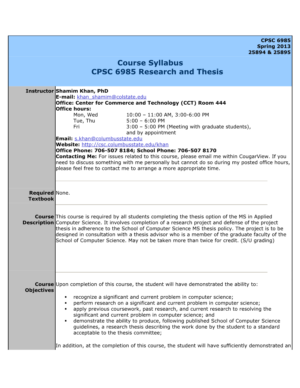 CPSC 6985 Fall 2009 Syllabus