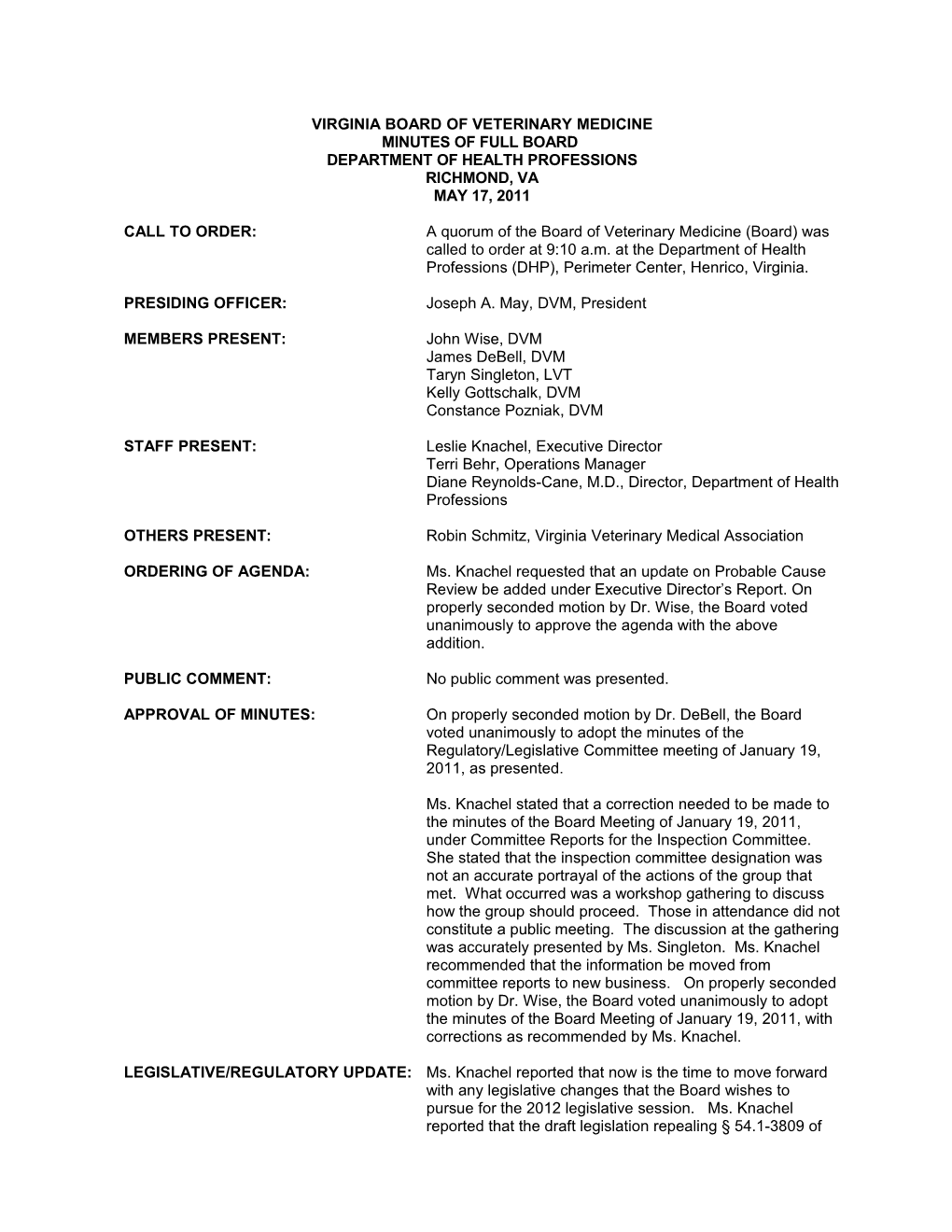 Board of Veterinary Medicine Minutes 5-17-2011