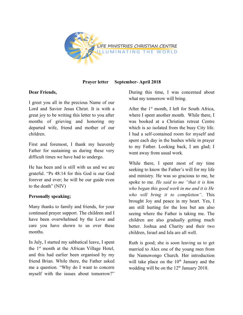 Prayer Letter September- April 2018