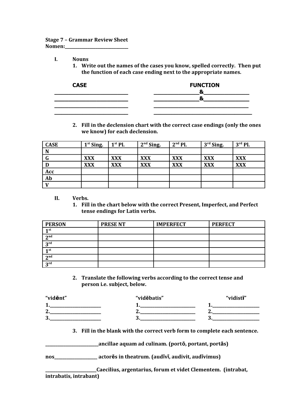 Stage 7 Grammar Review Sheet