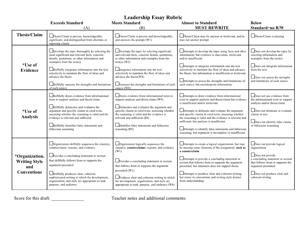 Persuasive Essay Rubric