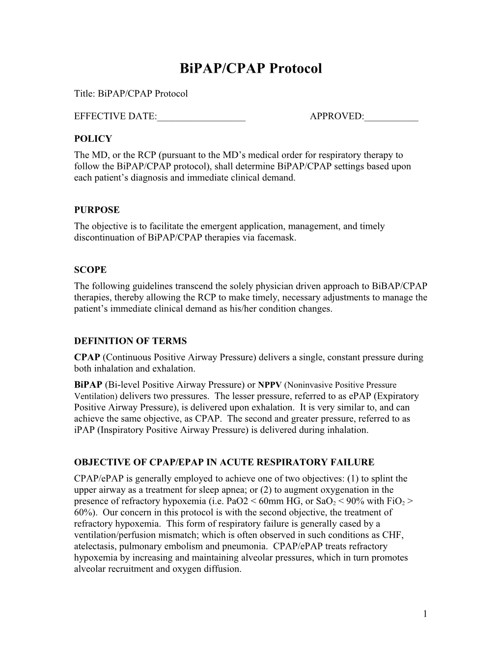 Bipap/CPAP Protocols