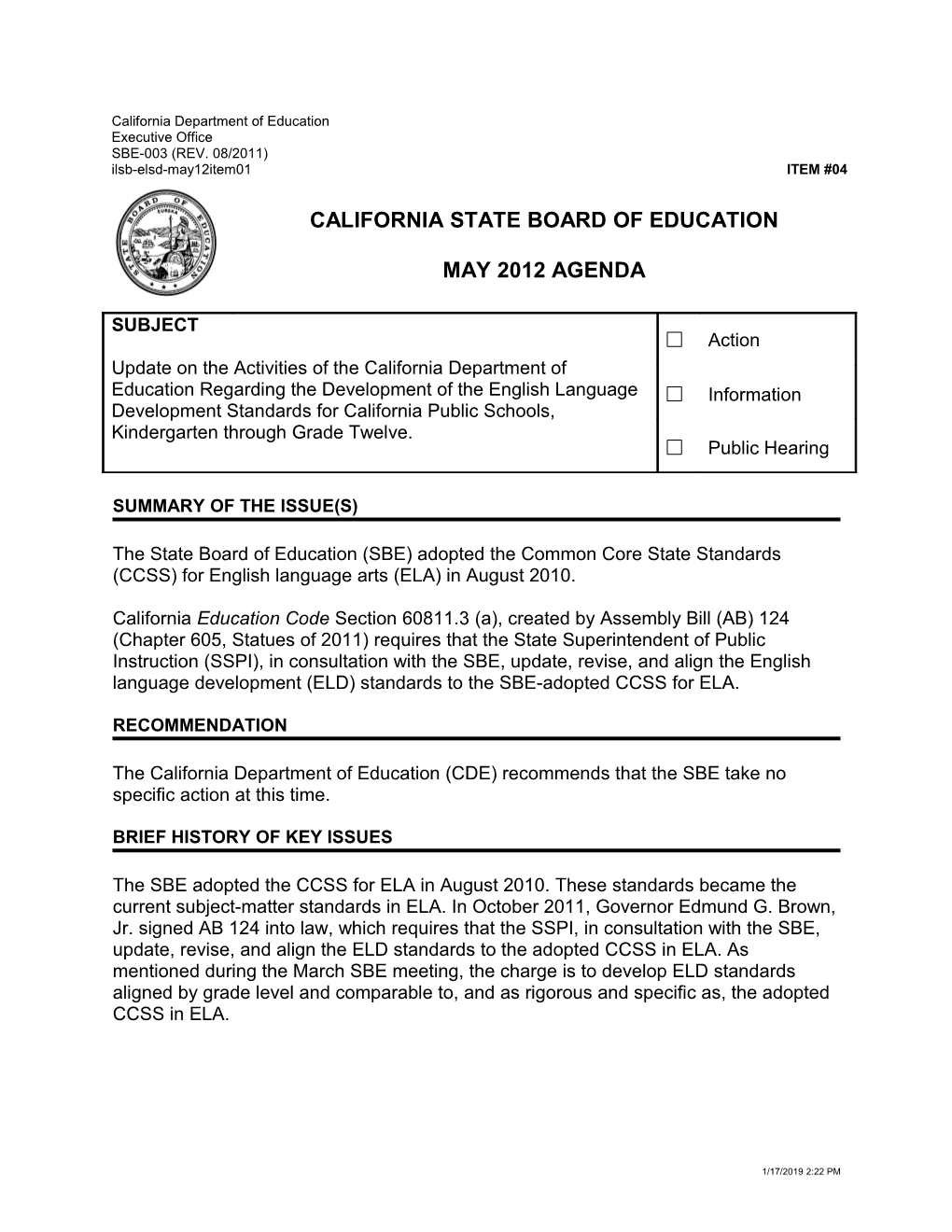 May 2012 Agenda Item 4 - Meeting Agendas (CA State Board of Education)