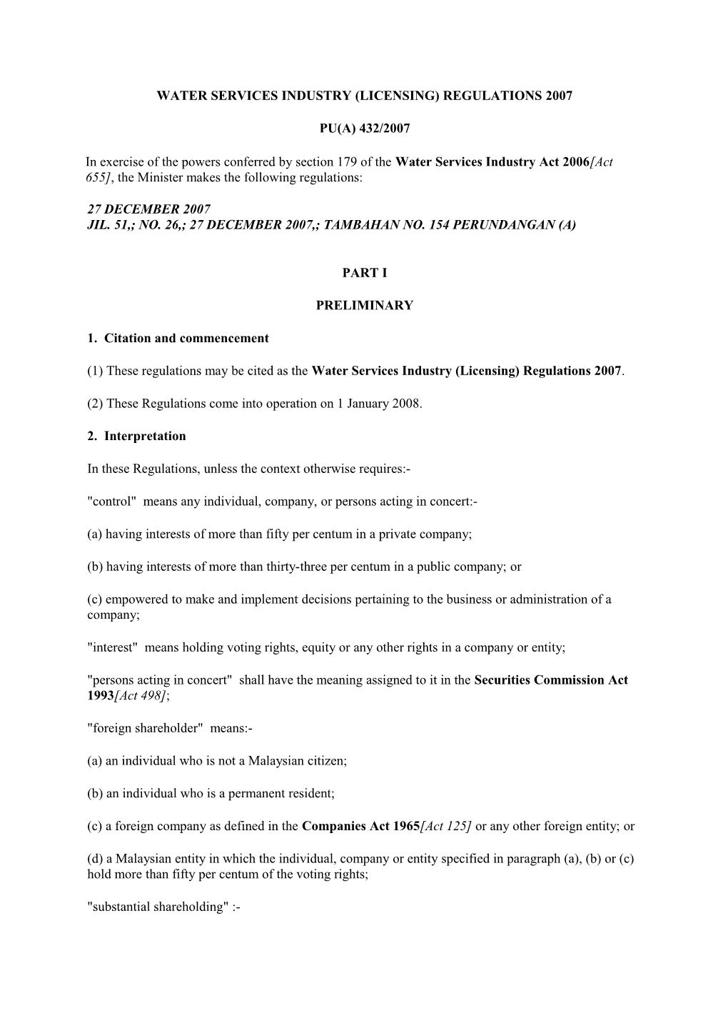 Water Services Industry (Licening) Regulations 2007