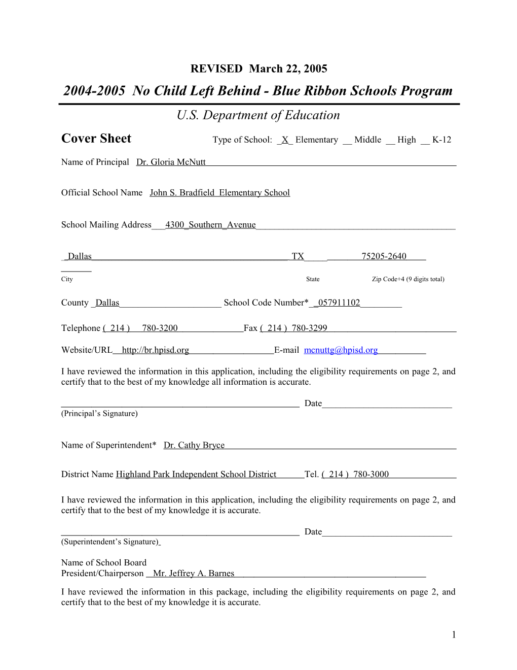 John S. Bradfield Elementary School Application: 2004-2005, No Child Left Behind - Blue