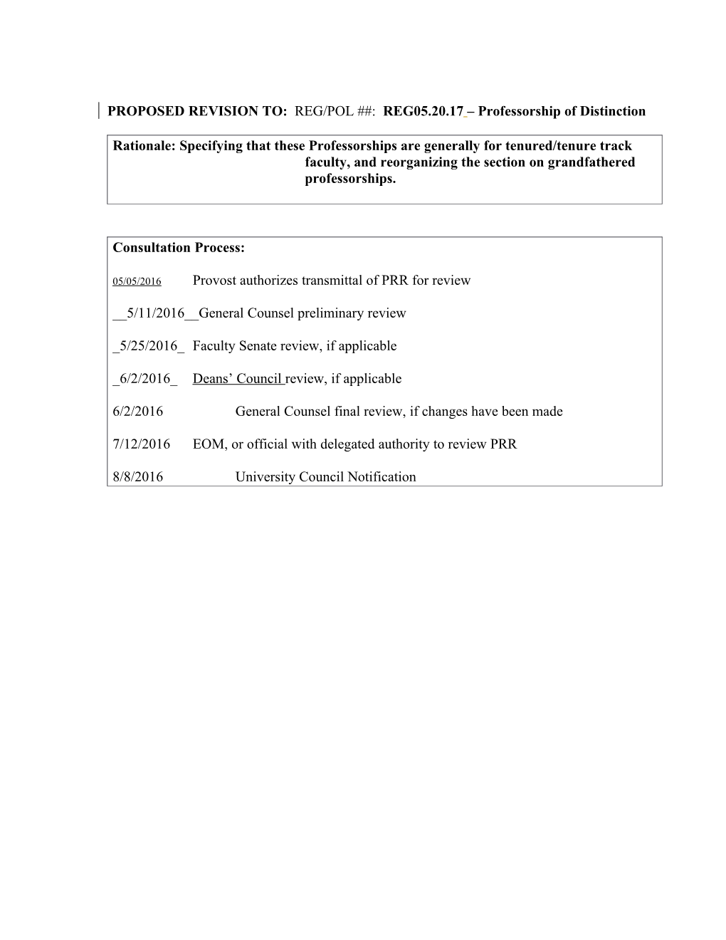 PROPOSED REVISION TO: REG/POL : REG05.20.17 Professorship of Distinction