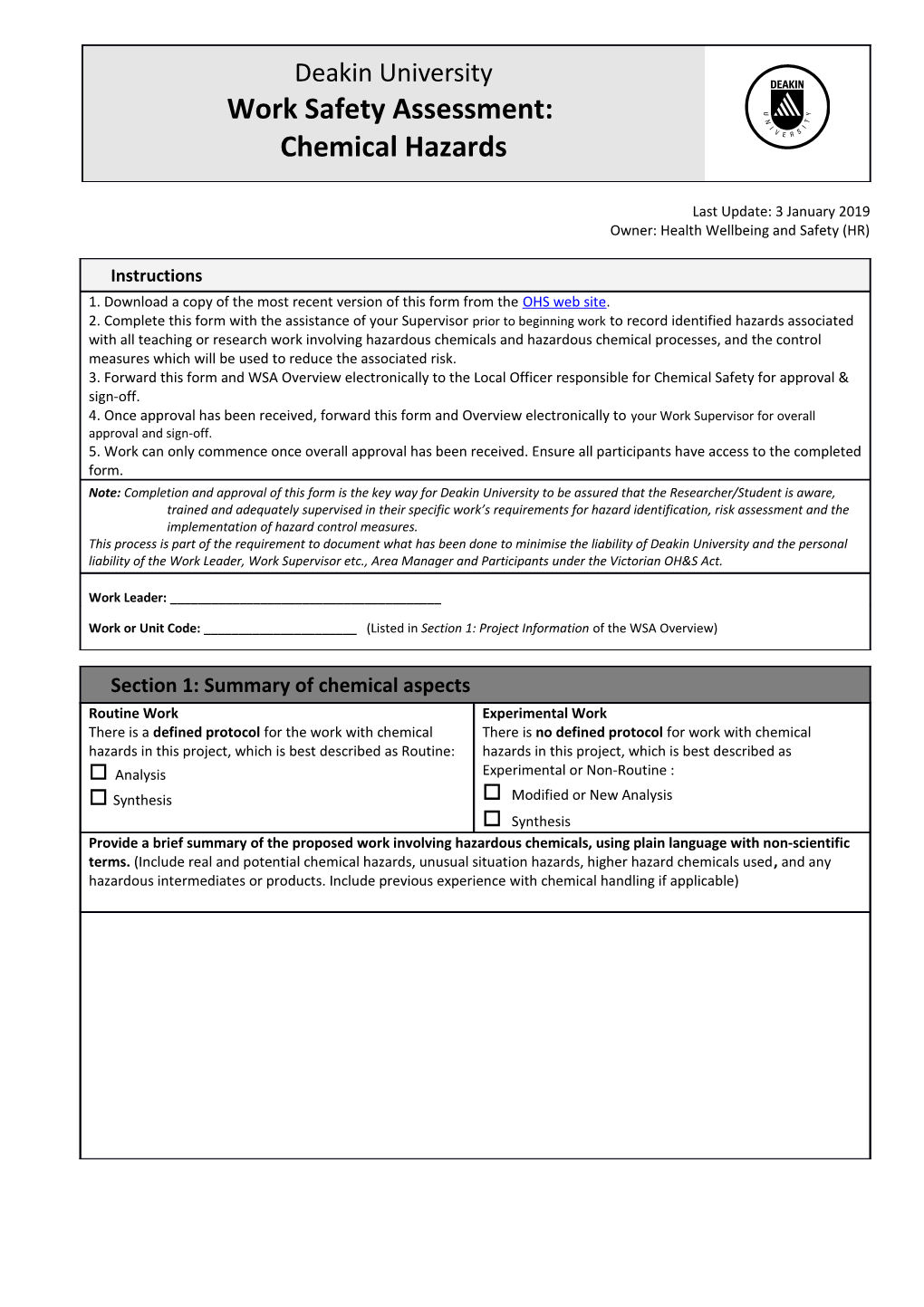 Work Safety Assessment Chemical Hazardsdeakin Universitypage 1