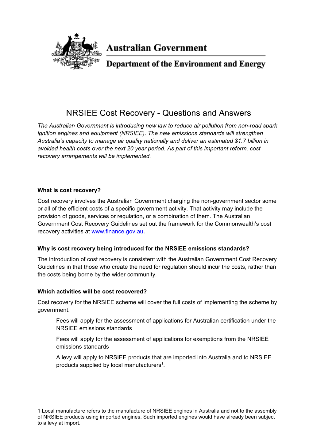 NRSIEE Cost Recovery - Questions and Answers