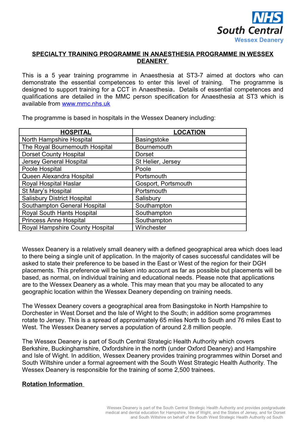 Specialty Training Programme in Anaesthesia Programme in Wessex Deanery