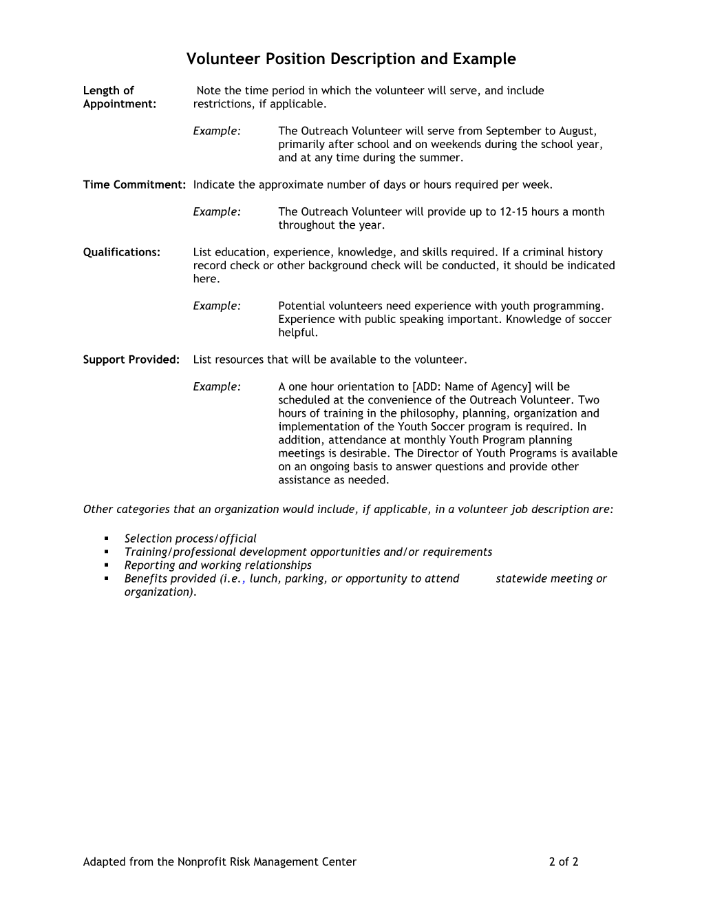Volunteer Position Description Worksheet and Sample